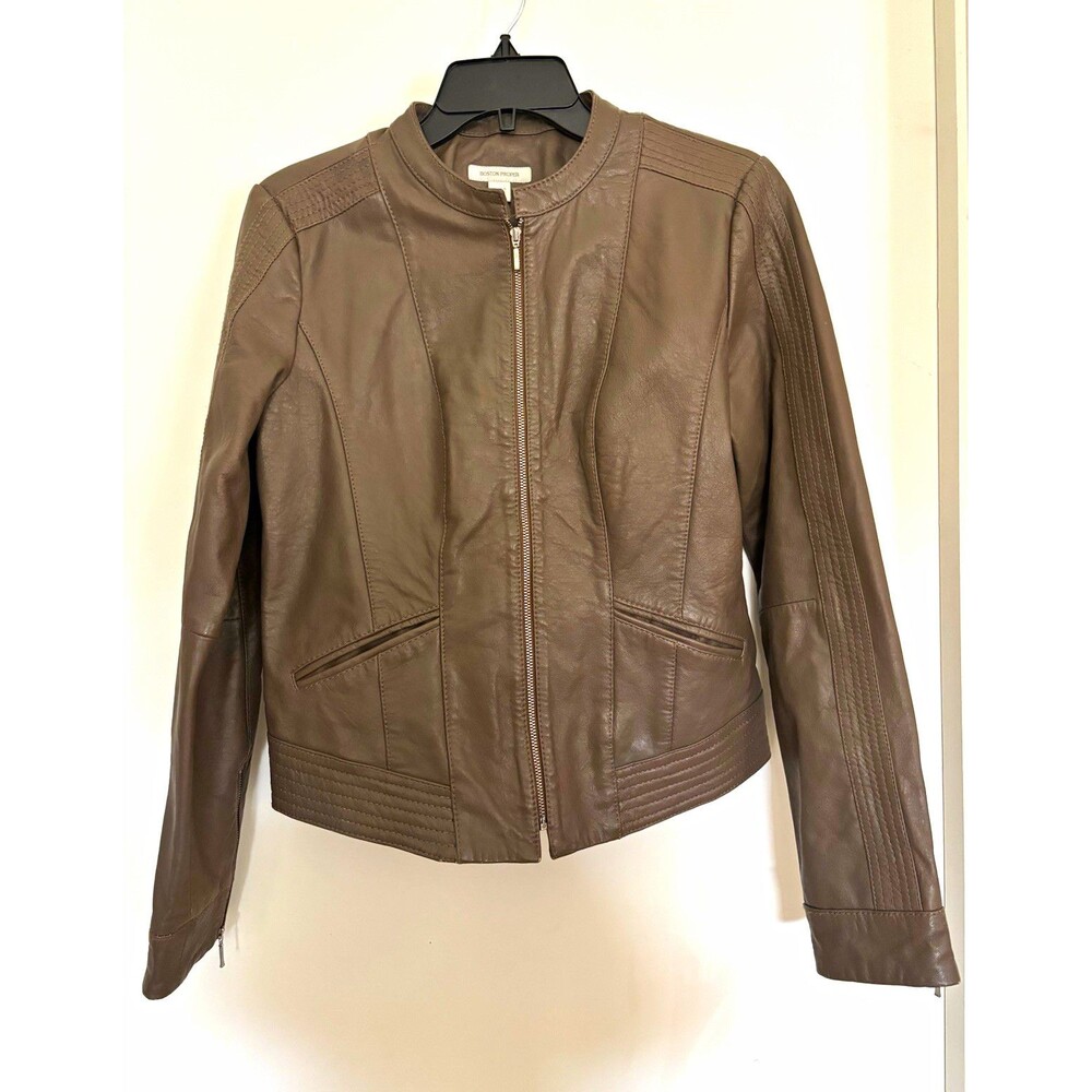 Boston Proper Women's Brown Leather Biker Jacket Zip Lined Short Long Sleeve 6